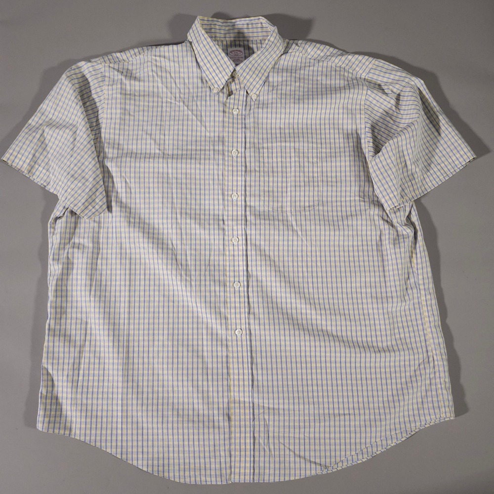 Brooks Brothers Button Down Shirt Mens XXL Yellow Blue Plaid Short Sleeve 346